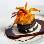 Cooleeney Farmhouse Cheese, Black Pudding, Caramelised Apples, Beef Jus with Carrot Crisps